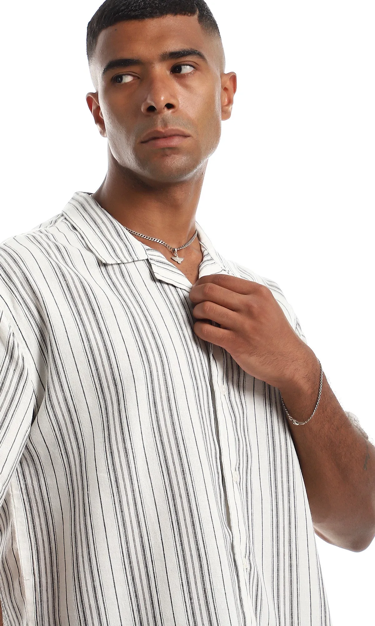 97878 Short Sleeves Linen White & Grey Button Down Shirt
