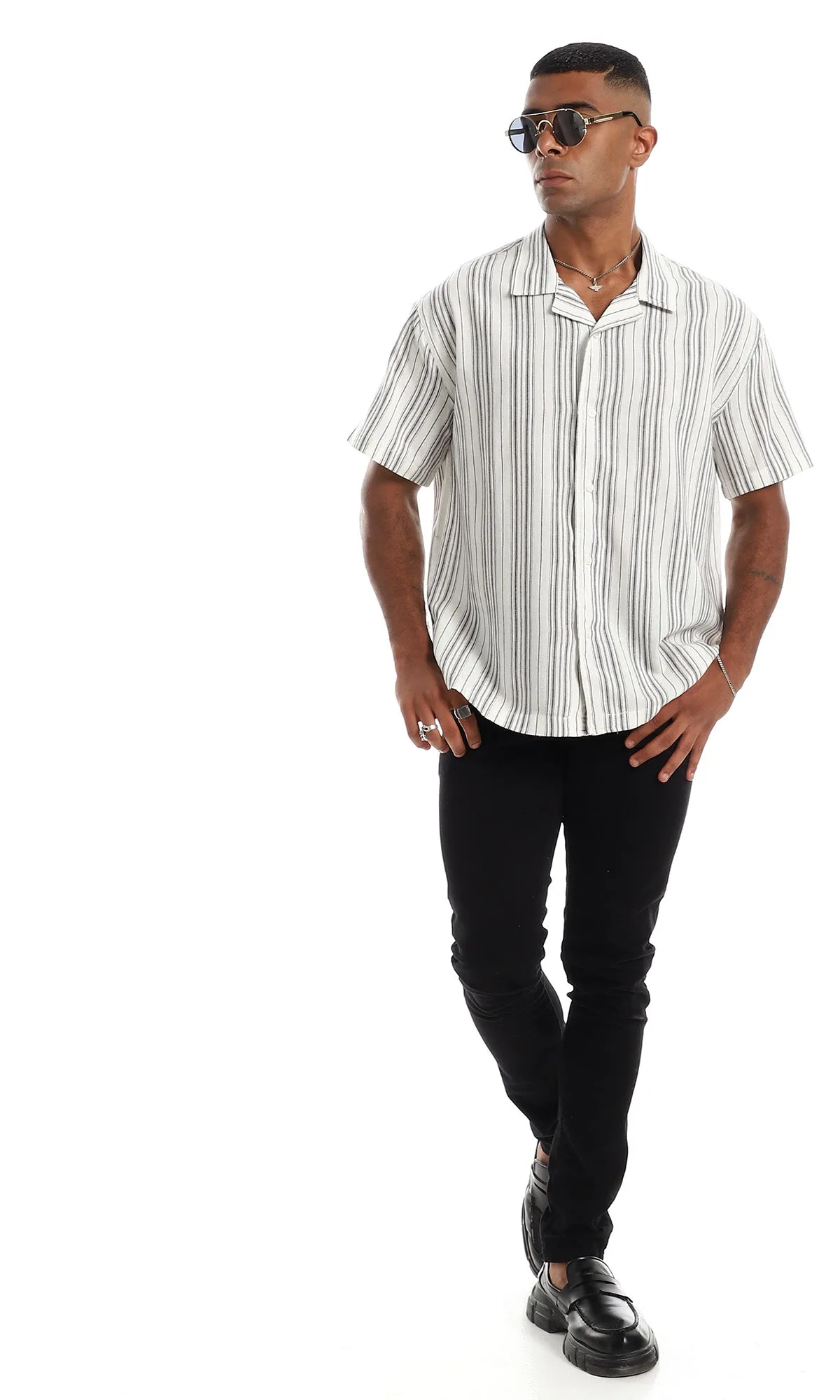 97878 Short Sleeves Linen White & Grey Button Down Shirt