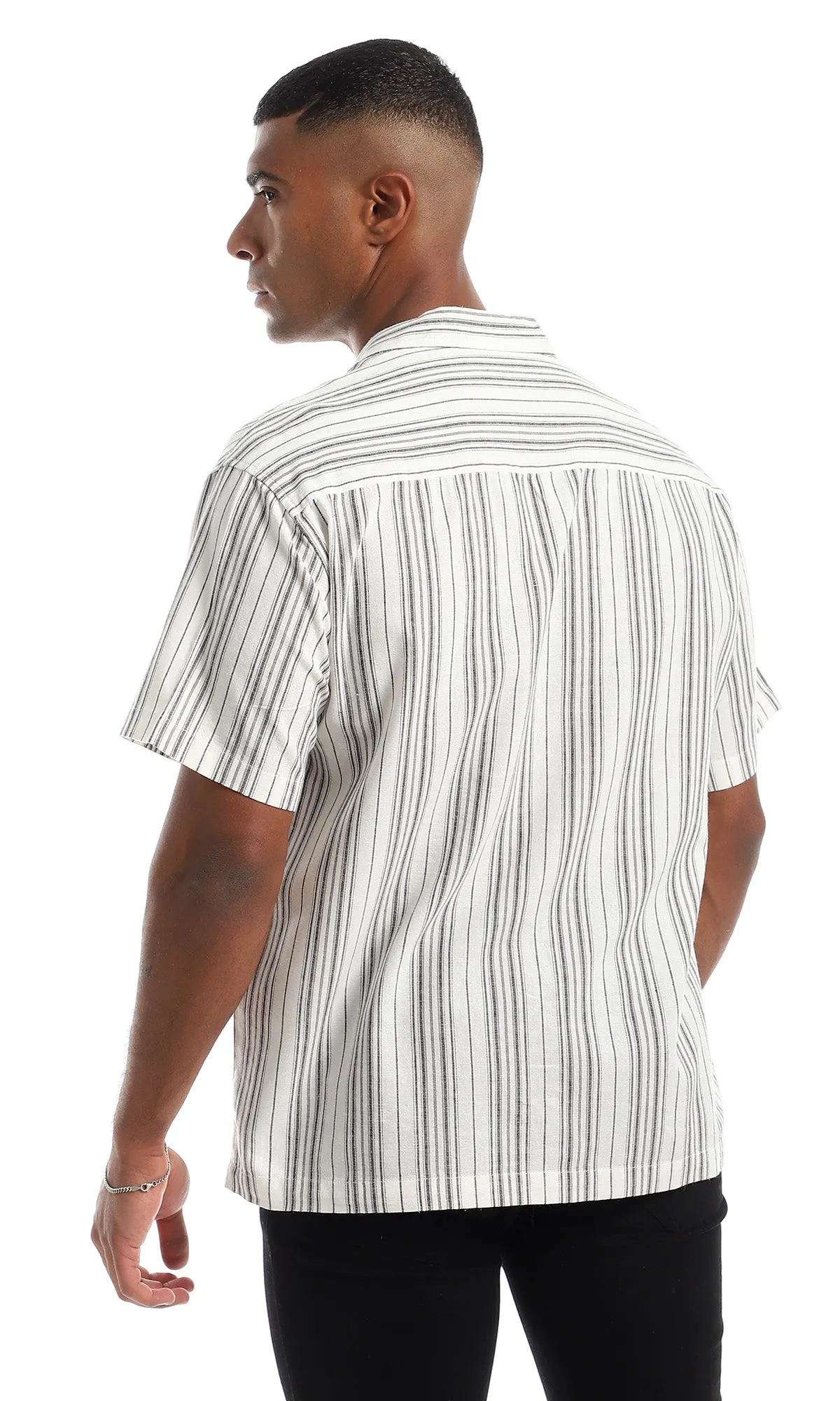 97878 Short Sleeves Linen White & Grey Button Down Shirt