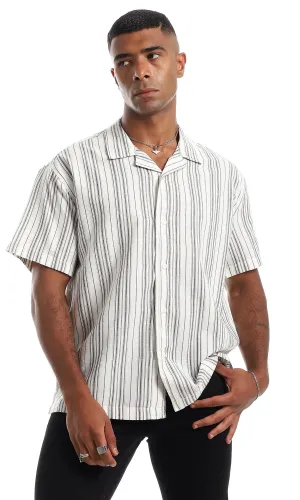 97878 Short Sleeves Linen White & Grey Button Down Shirt