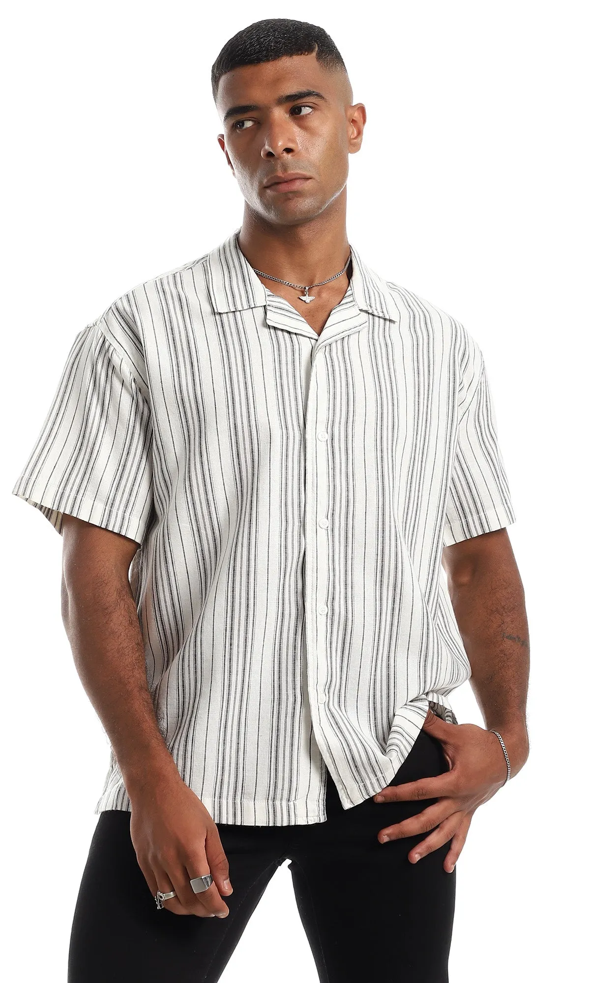 97878 Short Sleeves Linen White & Grey Button Down Shirt