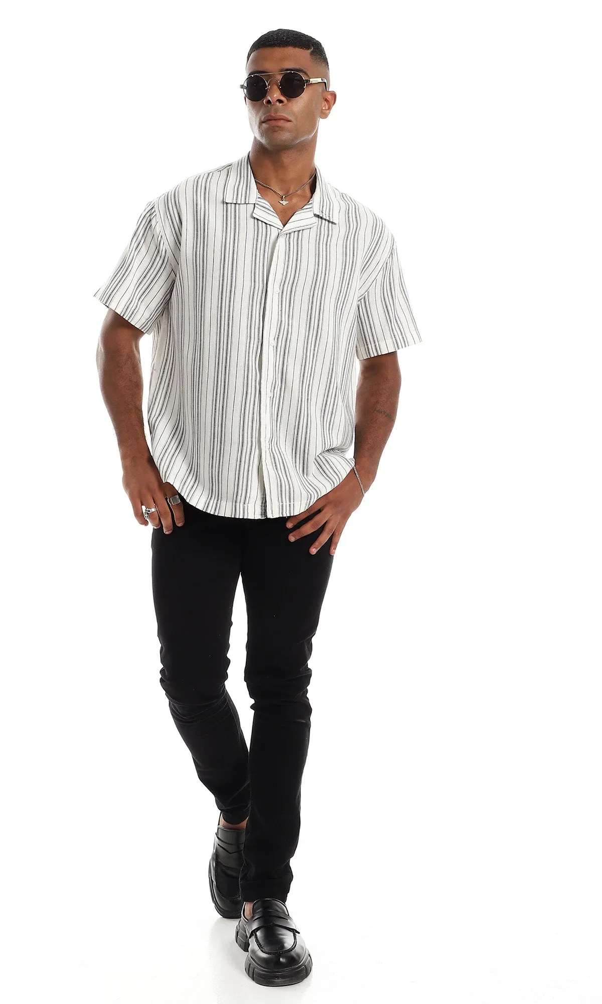 97878 Short Sleeves Linen White & Grey Button Down Shirt