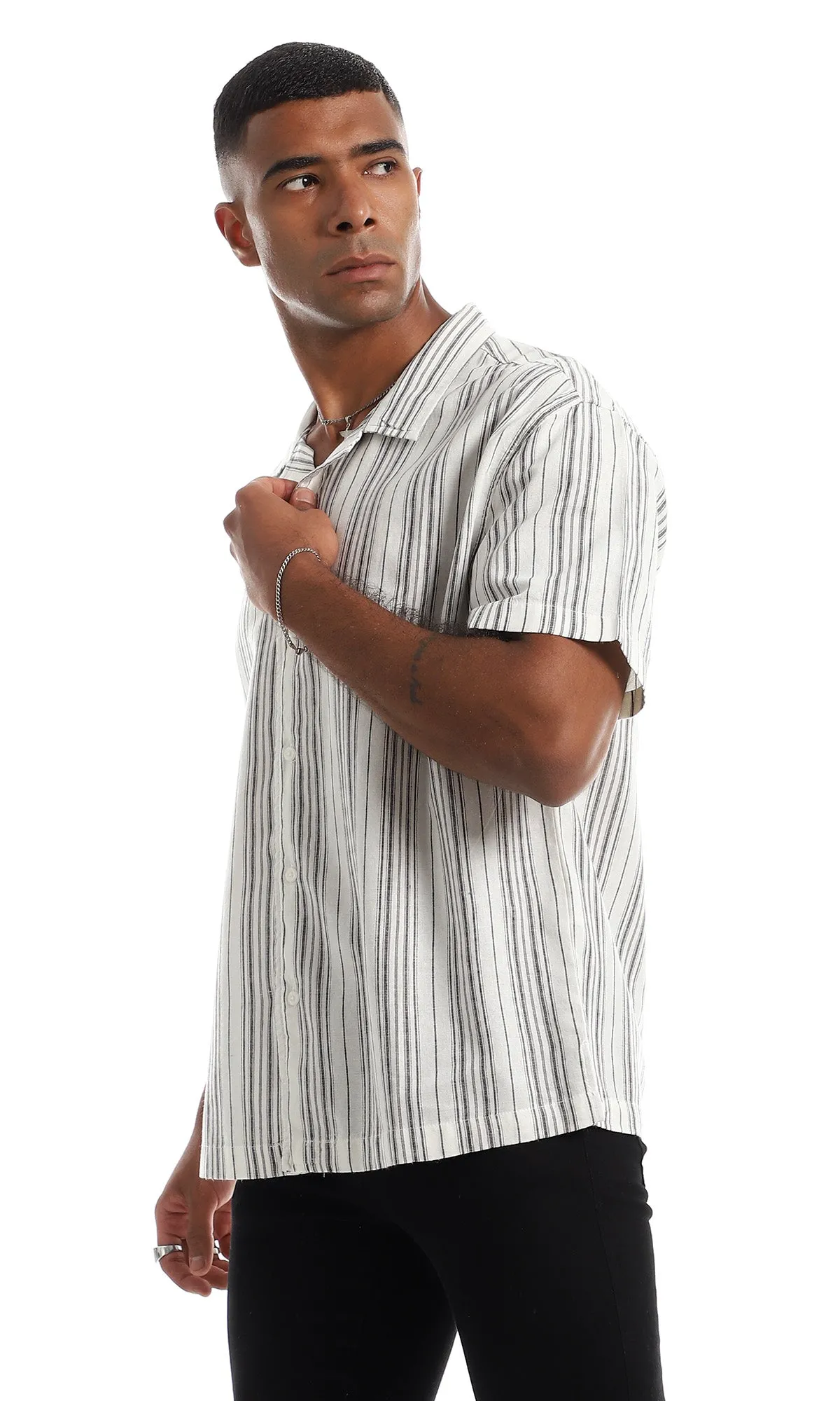 97878 Short Sleeves Linen White & Grey Button Down Shirt