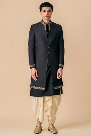 Black Modern Sherwani With Grown Neck Detailing