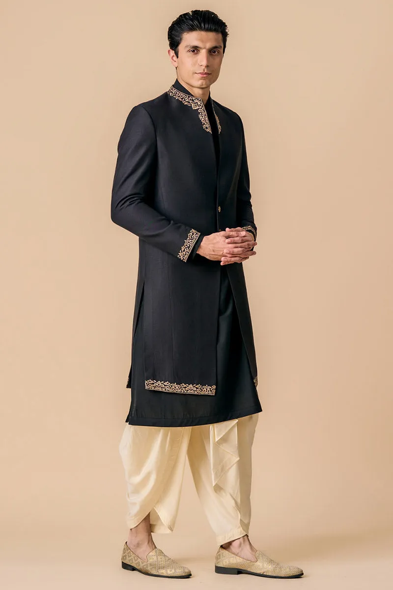 Black Modern Sherwani With Grown Neck Detailing