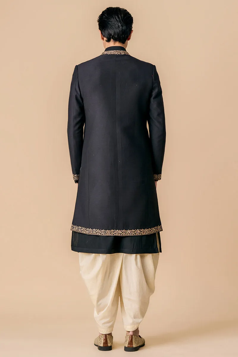Black Modern Sherwani With Grown Neck Detailing