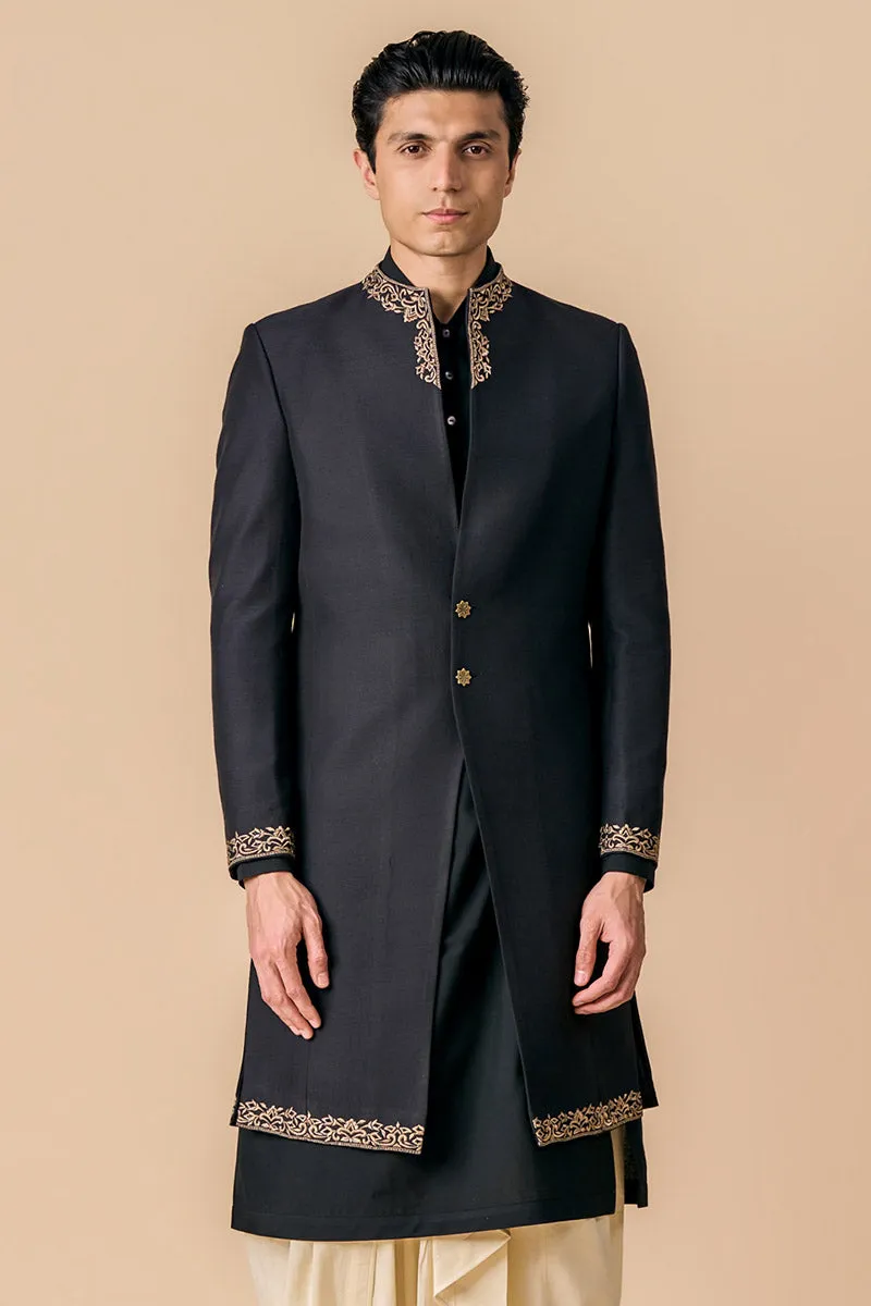 Black Modern Sherwani With Grown Neck Detailing
