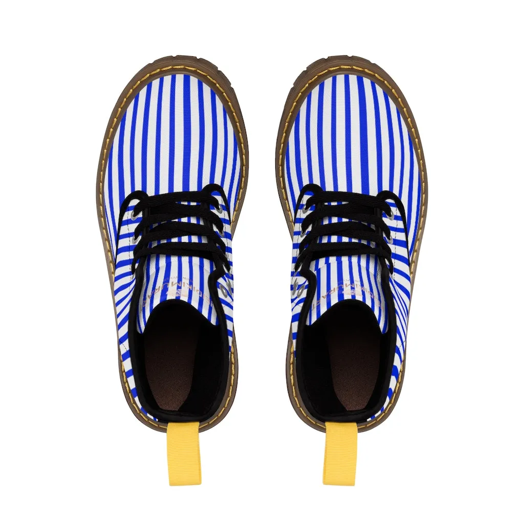 Blue Striped Print Men's Boots, Blue White Stripes Best Hiking Winter Boots Laced Up Shoes For Men