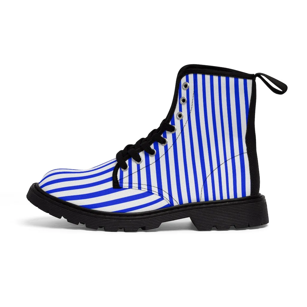 Blue Striped Print Men's Boots, Blue White Stripes Best Hiking Winter Boots Laced Up Shoes For Men