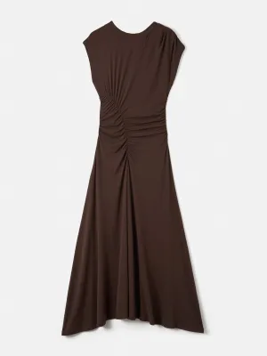 Brown drape pleat jersey dress