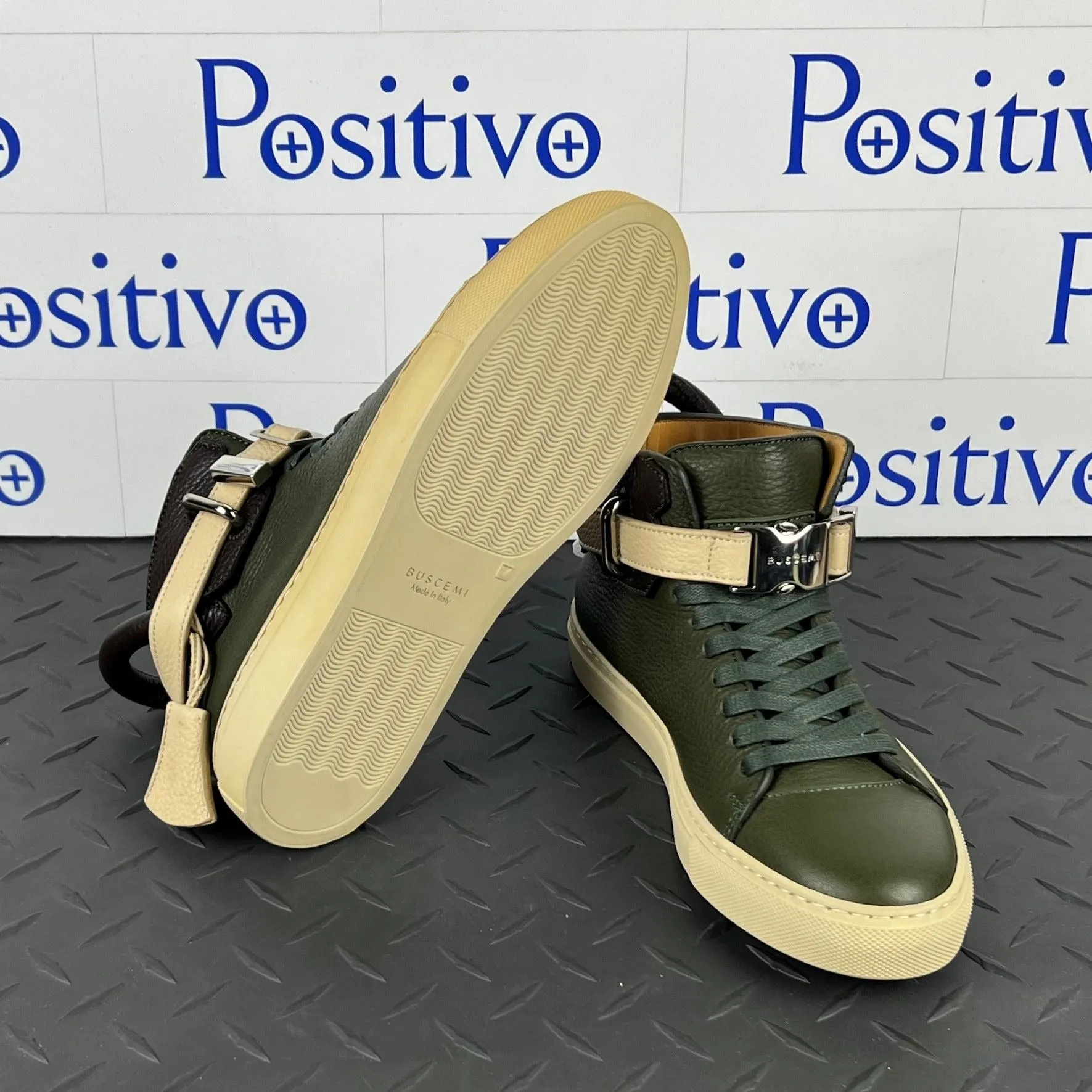 Buscemi Womens 100MM Military Green/Cream Leather Sneakers w/ Defect