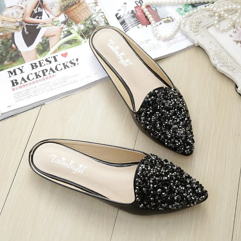 Chicvane Sequined Pointed Toe Mules with Rhinestones Slides Shoes