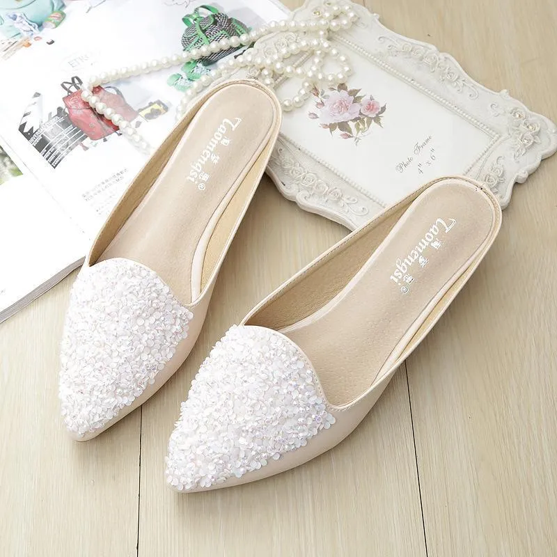 Chicvane Sequined Pointed Toe Mules with Rhinestones Slides Shoes