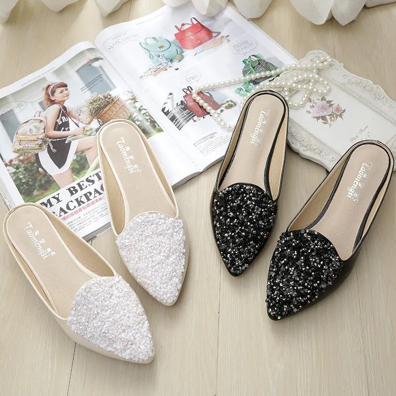Chicvane Sequined Pointed Toe Mules with Rhinestones Slides Shoes