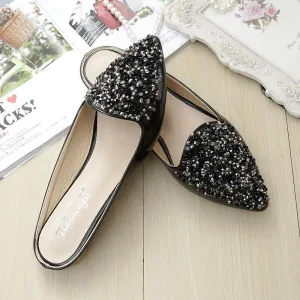 Chicvane Sequined Pointed Toe Mules with Rhinestones Slides Shoes