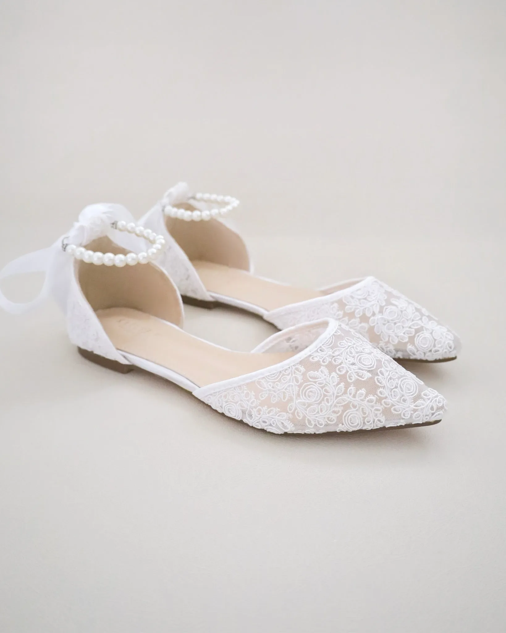 Crochet Lace Pointy Toe with Pearls Ankle Strap