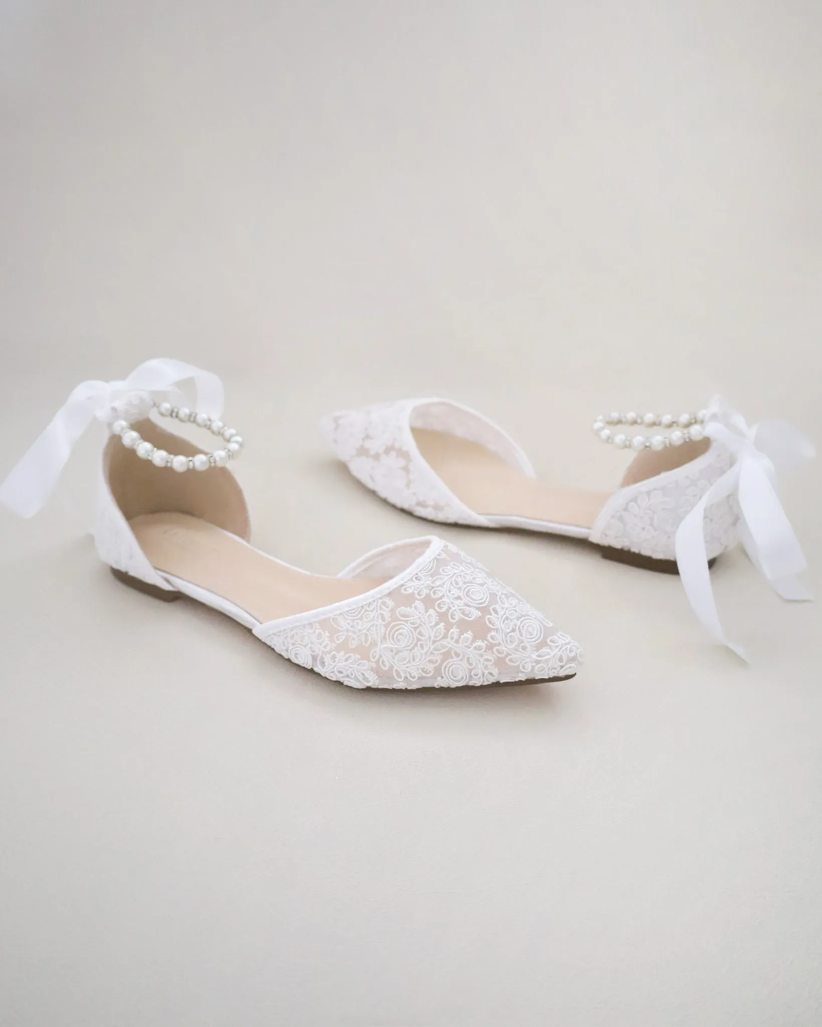 Crochet Lace Pointy Toe with Pearls Ankle Strap