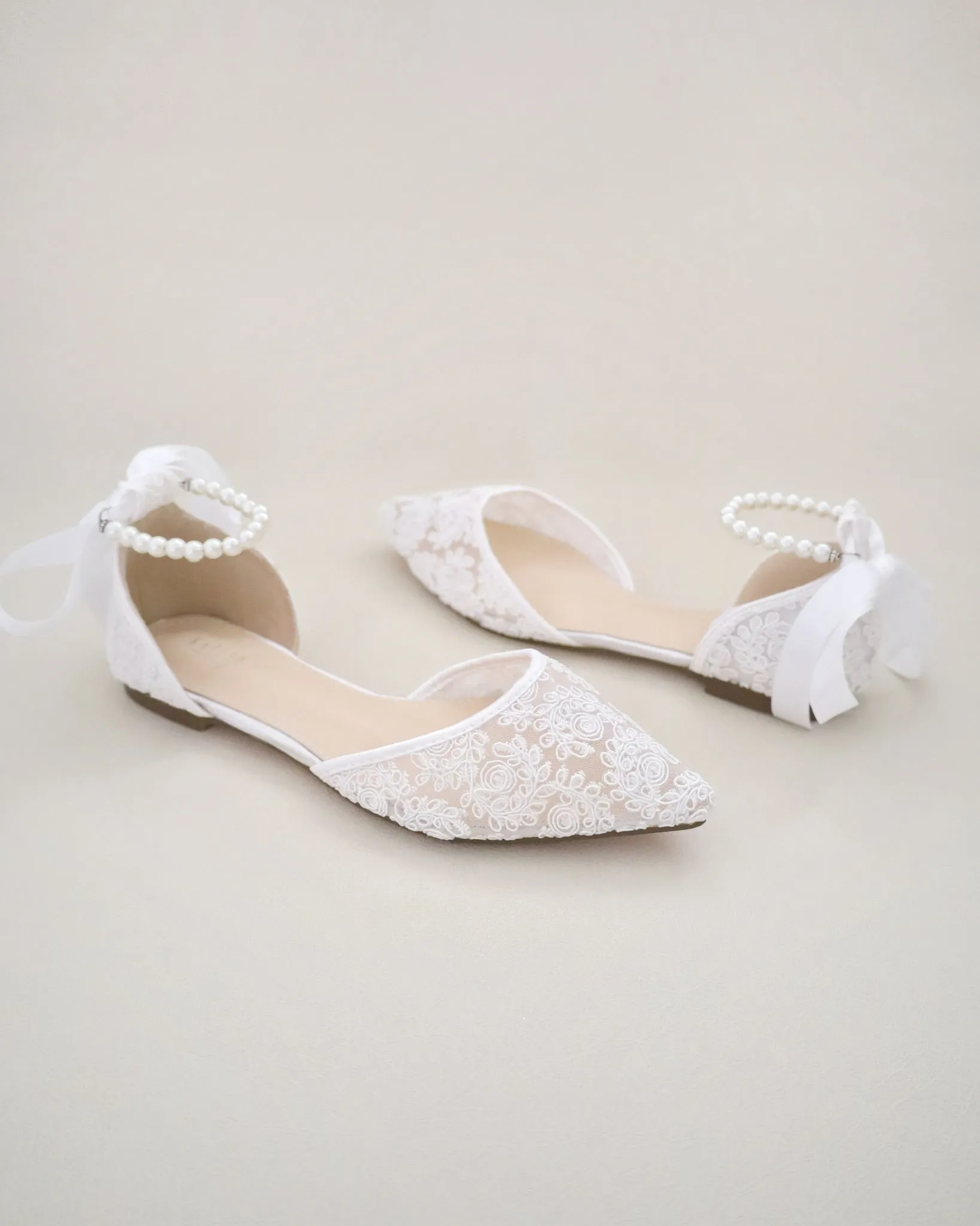 Crochet Lace Pointy Toe with Pearls Ankle Strap
