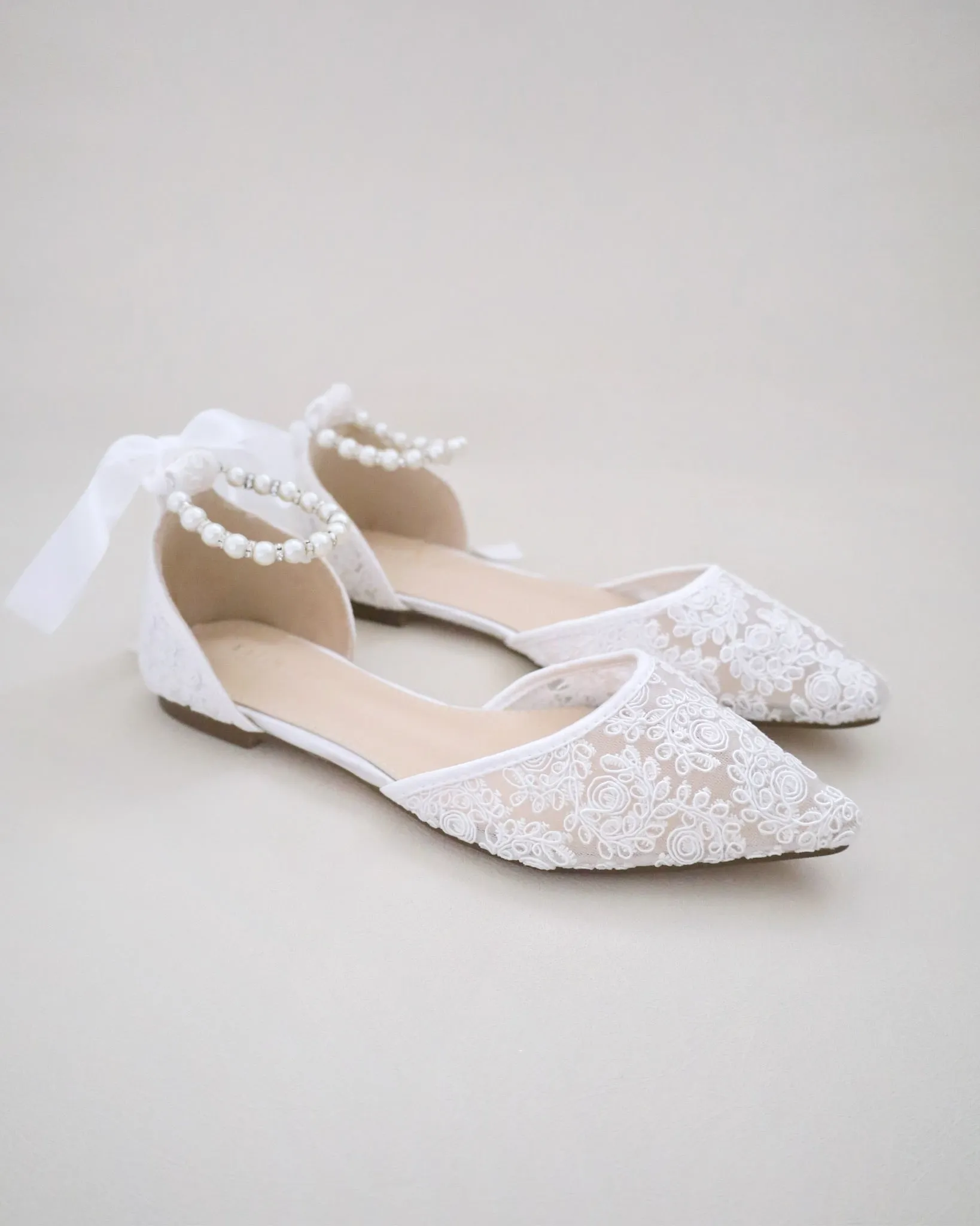 Crochet Lace Pointy Toe with Pearls Ankle Strap