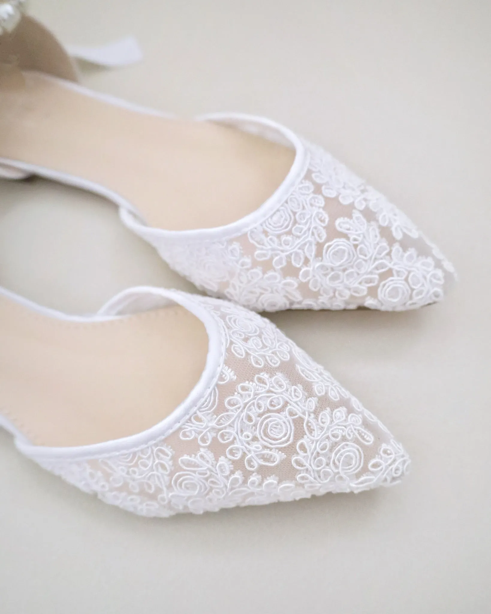 Crochet Lace Pointy Toe with Pearls Ankle Strap
