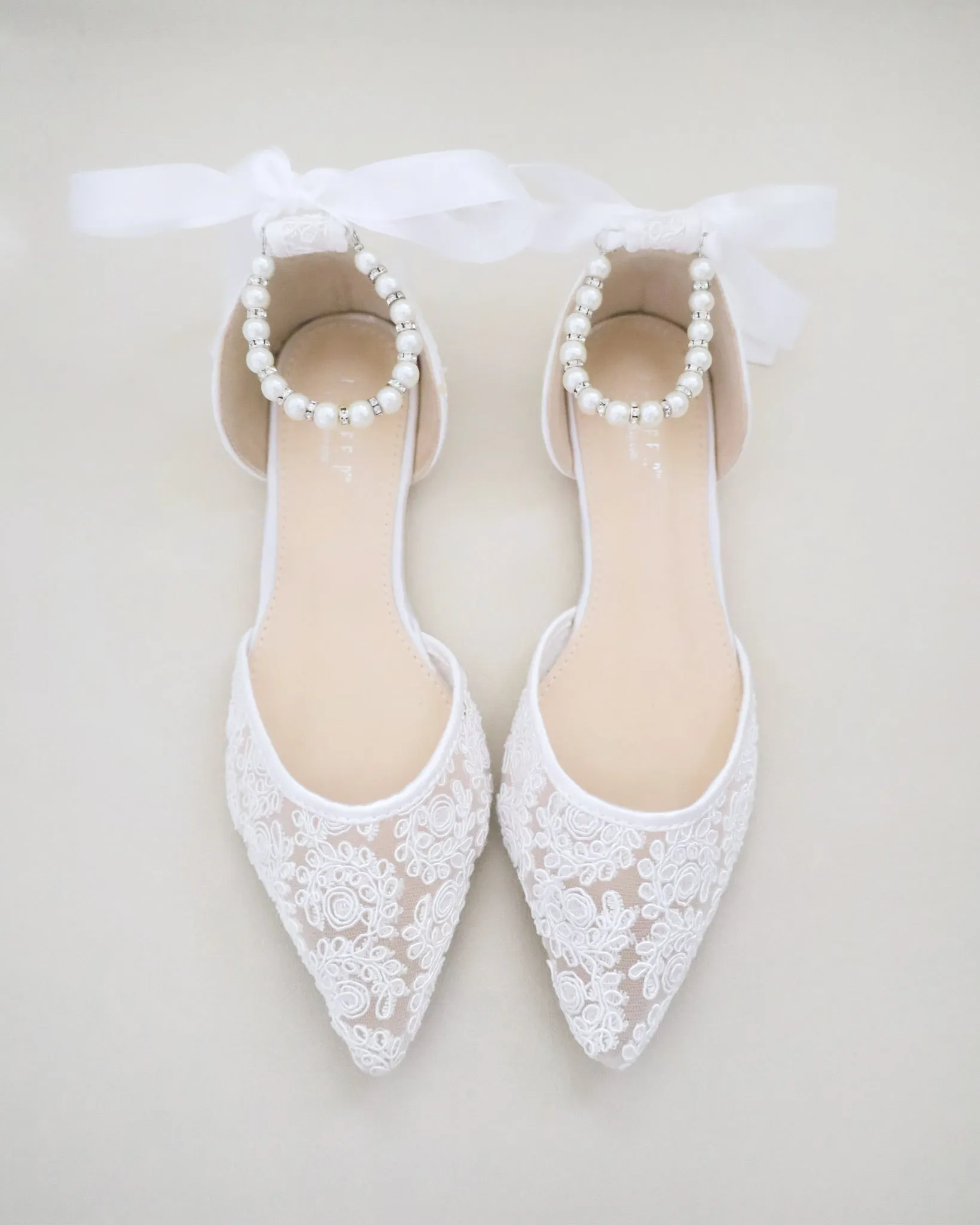 Crochet Lace Pointy Toe with Pearls Ankle Strap