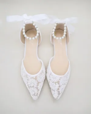 Crochet Lace Pointy Toe with Pearls Ankle Strap