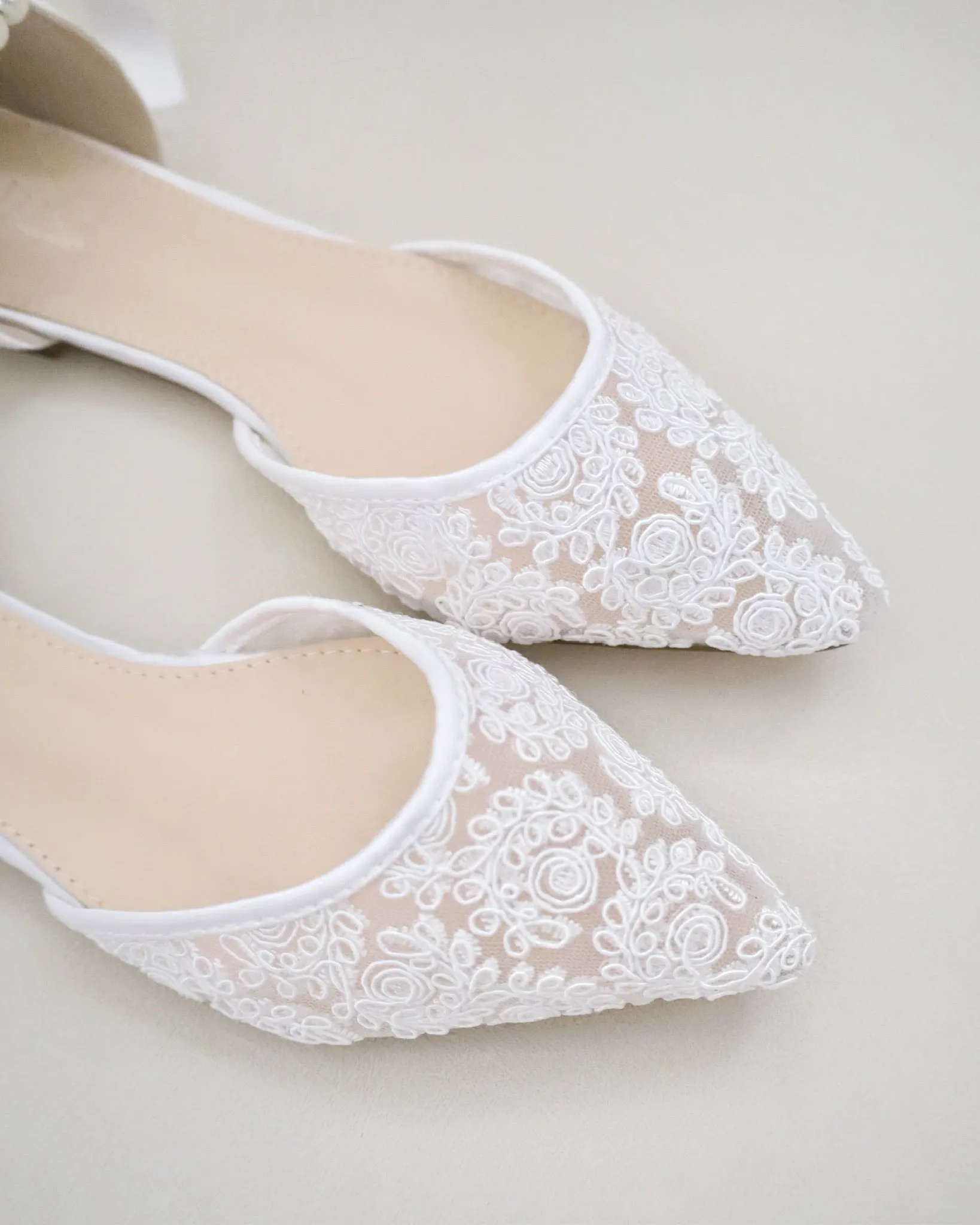 Crochet Lace Pointy Toe with Pearls Ankle Strap