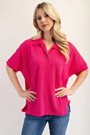 Fuchsia Rib Knit Collared Top