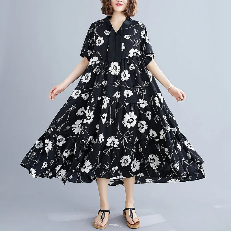 Literary Plant Print Loose Slimming Chiffon Dress