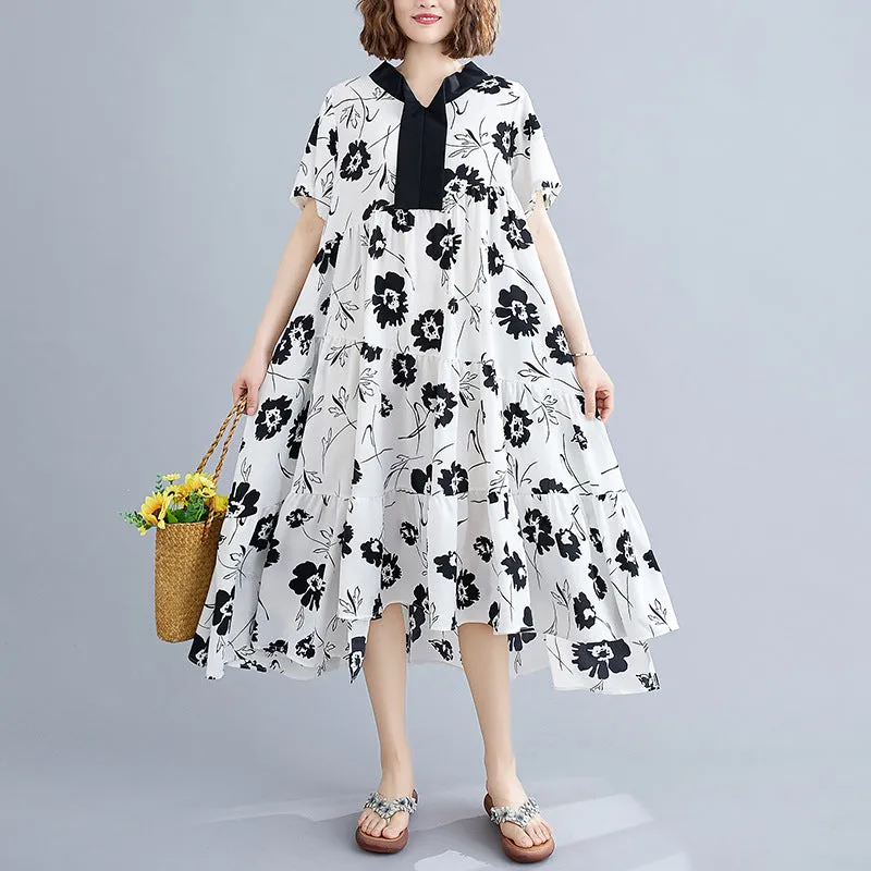 Literary Plant Print Loose Slimming Chiffon Dress