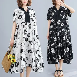 Literary Plant Print Loose Slimming Chiffon Dress