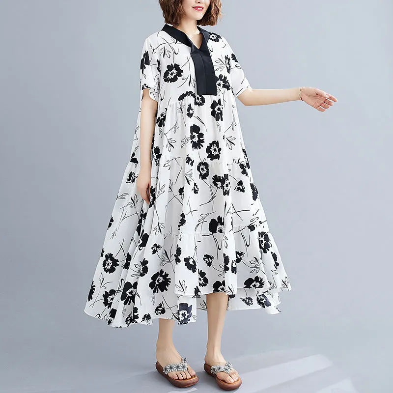 Literary Plant Print Loose Slimming Chiffon Dress