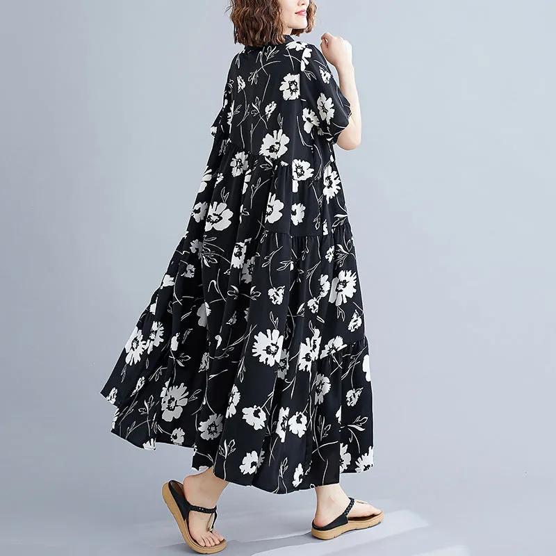 Literary Plant Print Loose Slimming Chiffon Dress