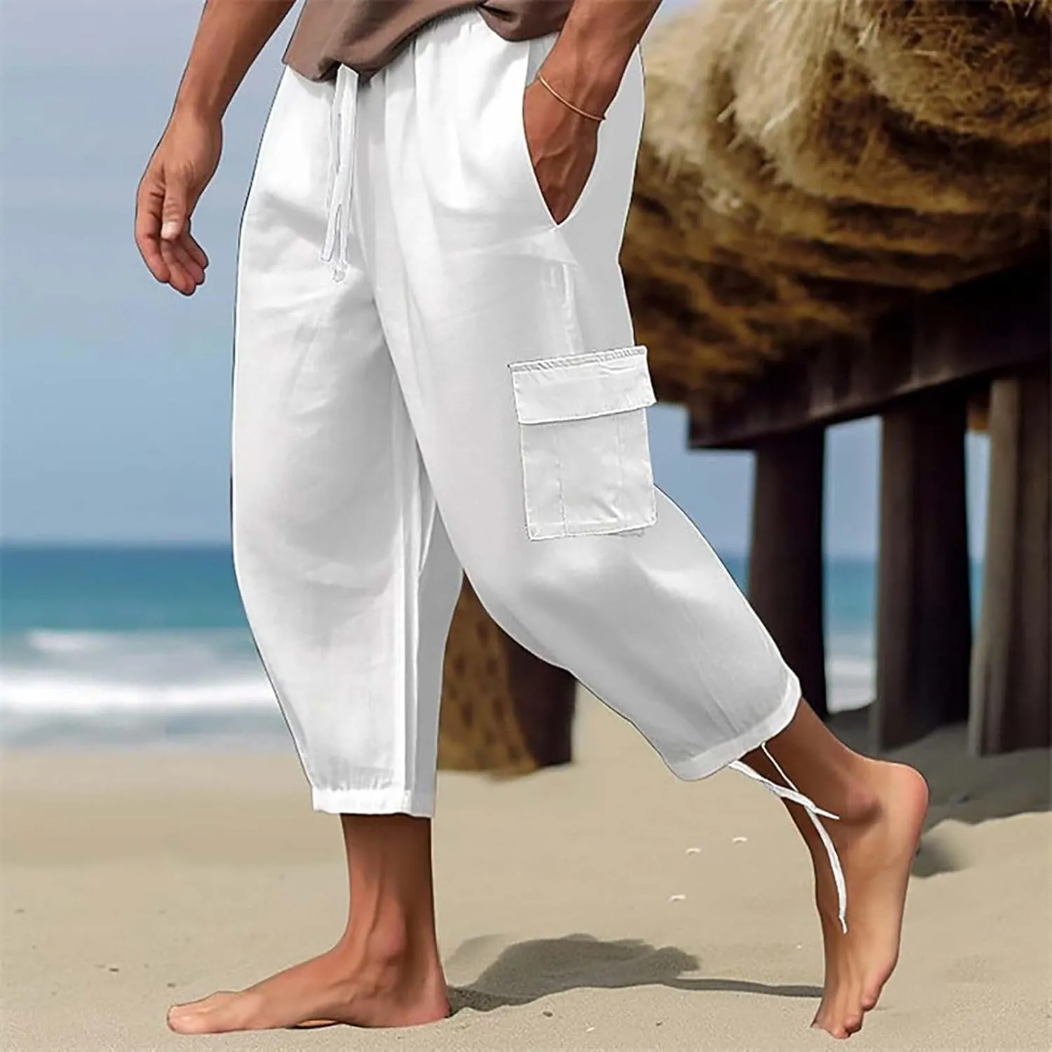 Men Work Cargo Pants Men's Linen Hip Hop Multi Pocket Loose Casual Outdoor Daily Elastic Waist Pantalones para Hombre