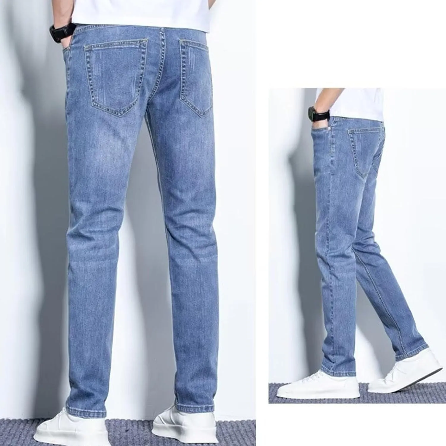Men's Casual Comfort Basic Jeans Straight Leg Stretch Solid Denim Pants Slim Fit Classic Jeans Trouser