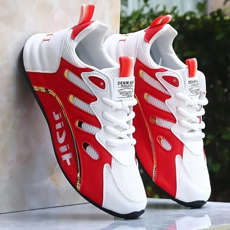 Men's Road Running Shoes - Stylish Geometric Pattern, Breathable Mesh Upper & Durable Rubber Sole, Lace-Up Closure, Low-Top Design for All-Season Outdoor Activities