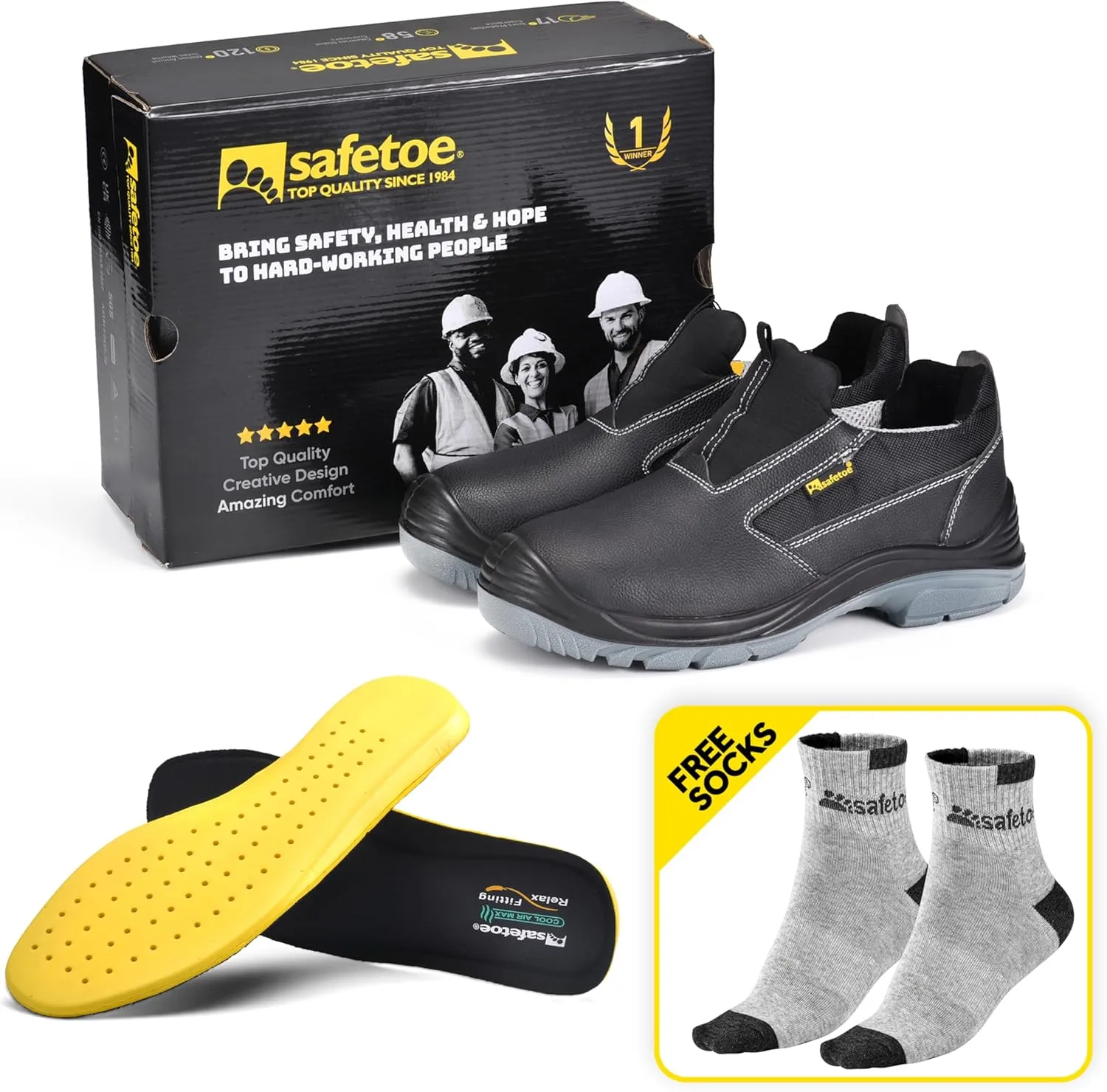 Men's Slip On Work Shoes Low Height Steel Toe Cow Leather Black Safety Shoes with Steel Plate Midsole Lightweight Comfortable Sneakers for Industrial