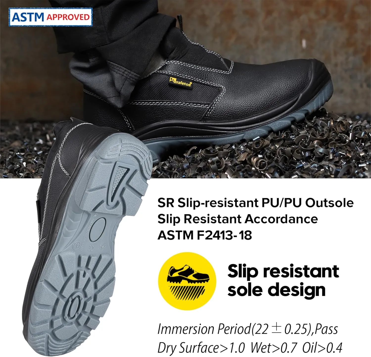Men's Slip On Work Shoes Low Height Steel Toe Cow Leather Black Safety Shoes with Steel Plate Midsole Lightweight Comfortable Sneakers for Industrial