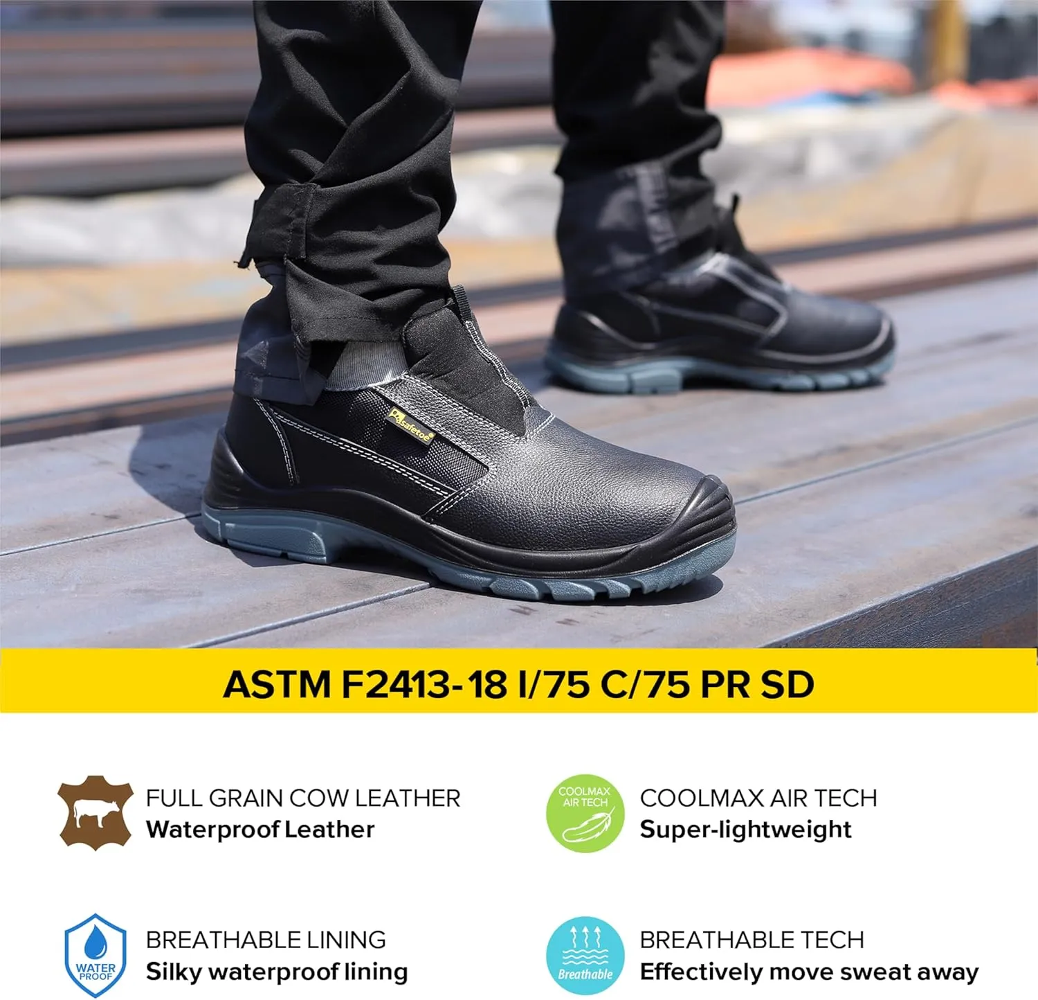 Men's Slip On Work Shoes Low Height Steel Toe Cow Leather Black Safety Shoes with Steel Plate Midsole Lightweight Comfortable Sneakers for Industrial