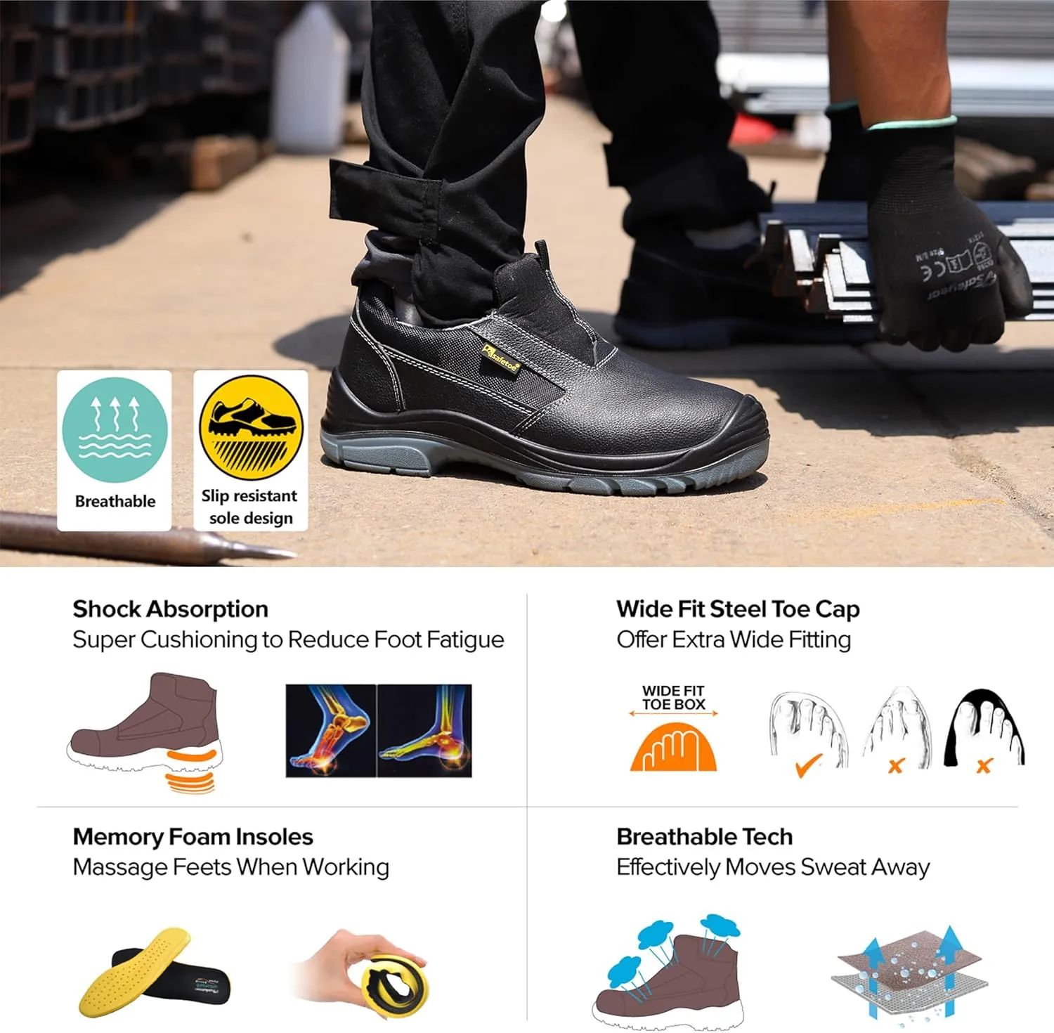 Men's Slip On Work Shoes Low Height Steel Toe Cow Leather Black Safety Shoes with Steel Plate Midsole Lightweight Comfortable Sneakers for Industrial