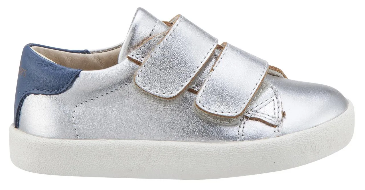 Old Soles Boy's & Girl's 5017 Toddy Shoe Silver and Denim Blue Leather Bicolor Sneaker Shoe with Double Hook and Loop Straps