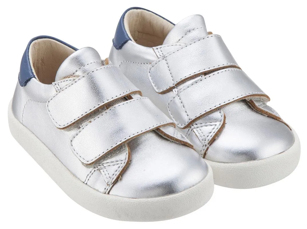 Old Soles Boy's & Girl's 5017 Toddy Shoe Silver and Denim Blue Leather Bicolor Sneaker Shoe with Double Hook and Loop Straps