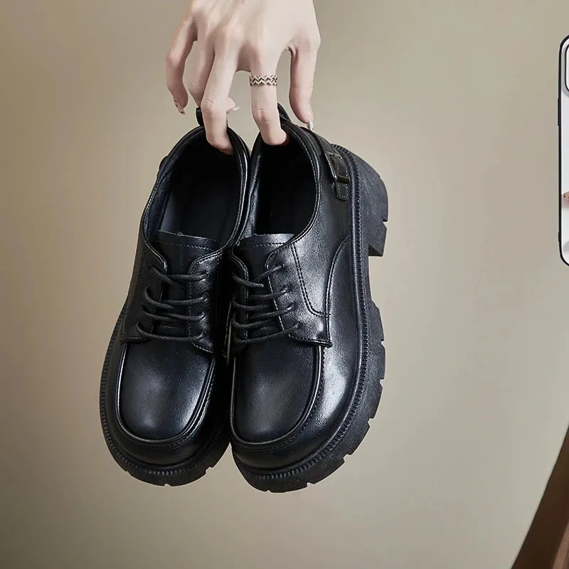 Sohiwoo Women Spring Autumn Black Thick Soled Mid Heel Casual Versatile Female Single Shoes Soft Soled Lace Up Small Leather Sneakers