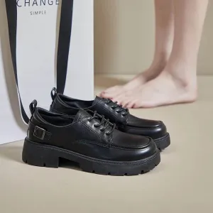 Sohiwoo Women Spring Autumn Black Thick Soled Mid Heel Casual Versatile Female Single Shoes Soft Soled Lace Up Small Leather Sneakers