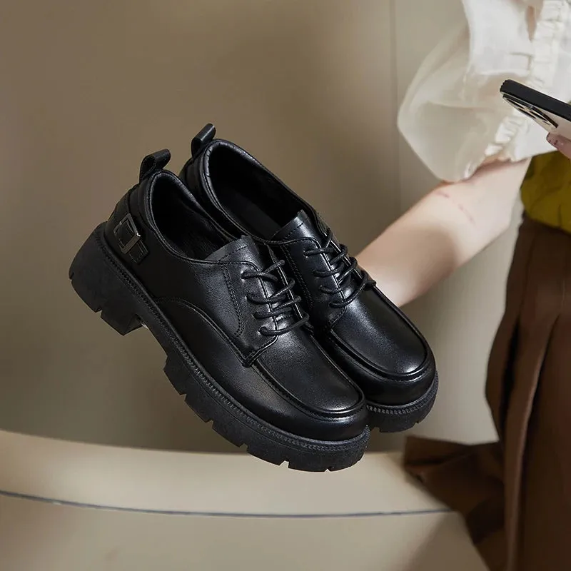 Sohiwoo Women Spring Autumn Black Thick Soled Mid Heel Casual Versatile Female Single Shoes Soft Soled Lace Up Small Leather Sneakers