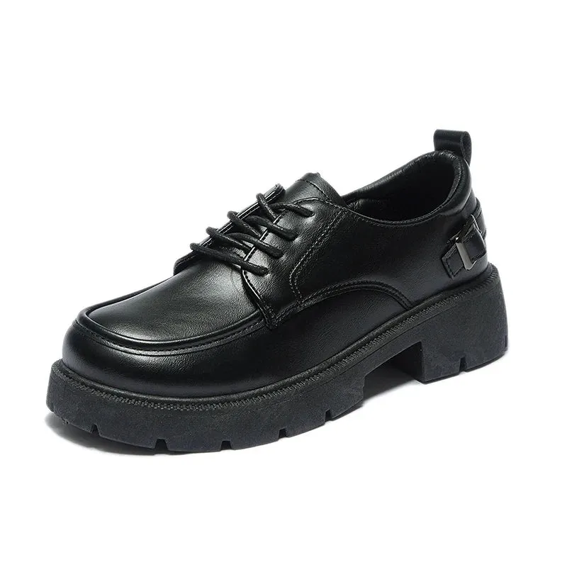 Sohiwoo Women Spring Autumn Black Thick Soled Mid Heel Casual Versatile Female Single Shoes Soft Soled Lace Up Small Leather Sneakers