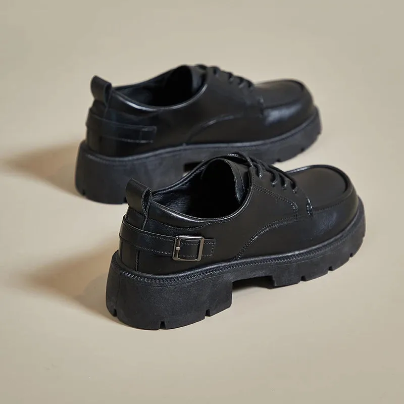 Sohiwoo Women Spring Autumn Black Thick Soled Mid Heel Casual Versatile Female Single Shoes Soft Soled Lace Up Small Leather Sneakers