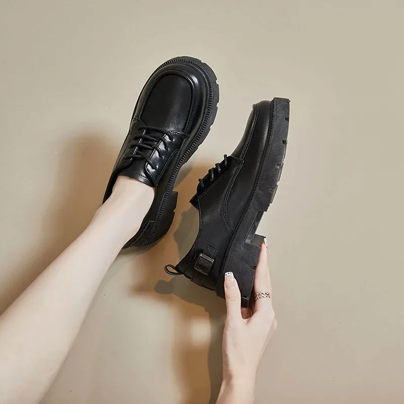 Sohiwoo Women Spring Autumn Black Thick Soled Mid Heel Casual Versatile Female Single Shoes Soft Soled Lace Up Small Leather Sneakers