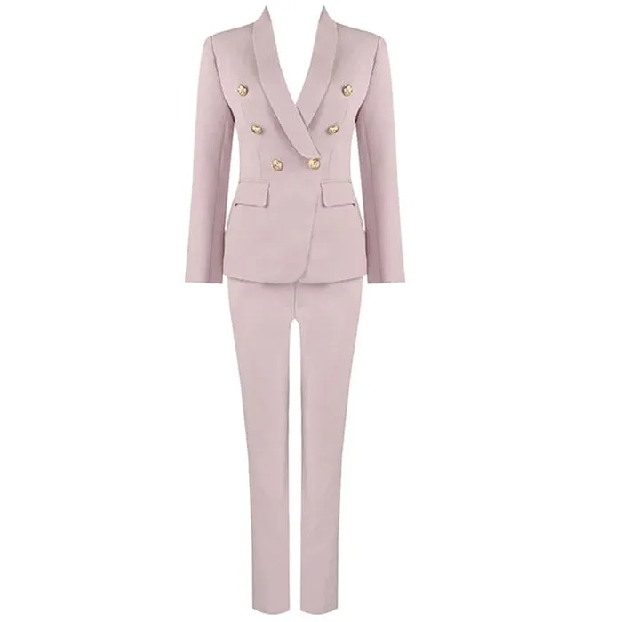 Straight Leg Double Breasted Sleeved Blazer Matching Set - Pink