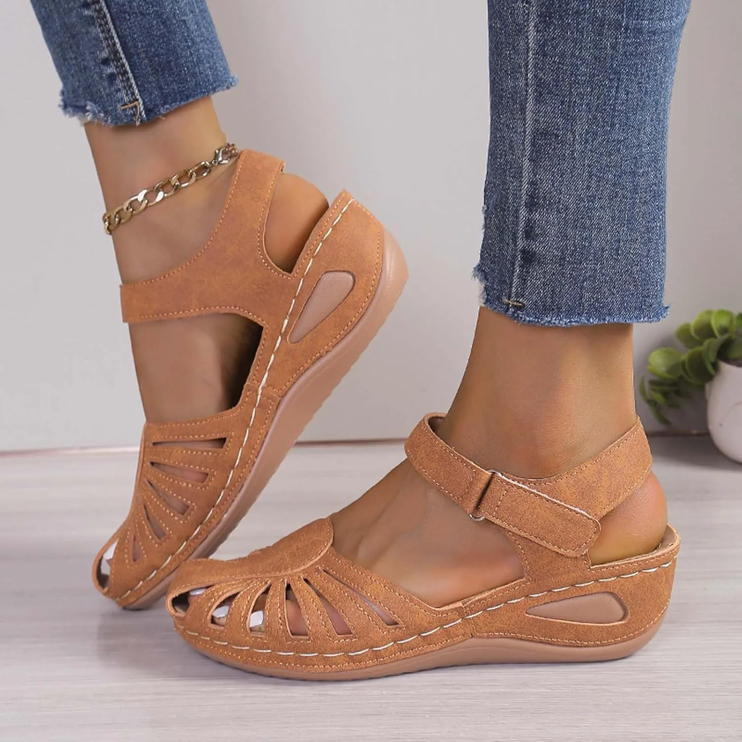 Women's Wedge Heels Ankle Strap Low Summer Sandals Closed Toe Hollow Out Orthopedic Bohemia Fishmouth Wedges Sandal